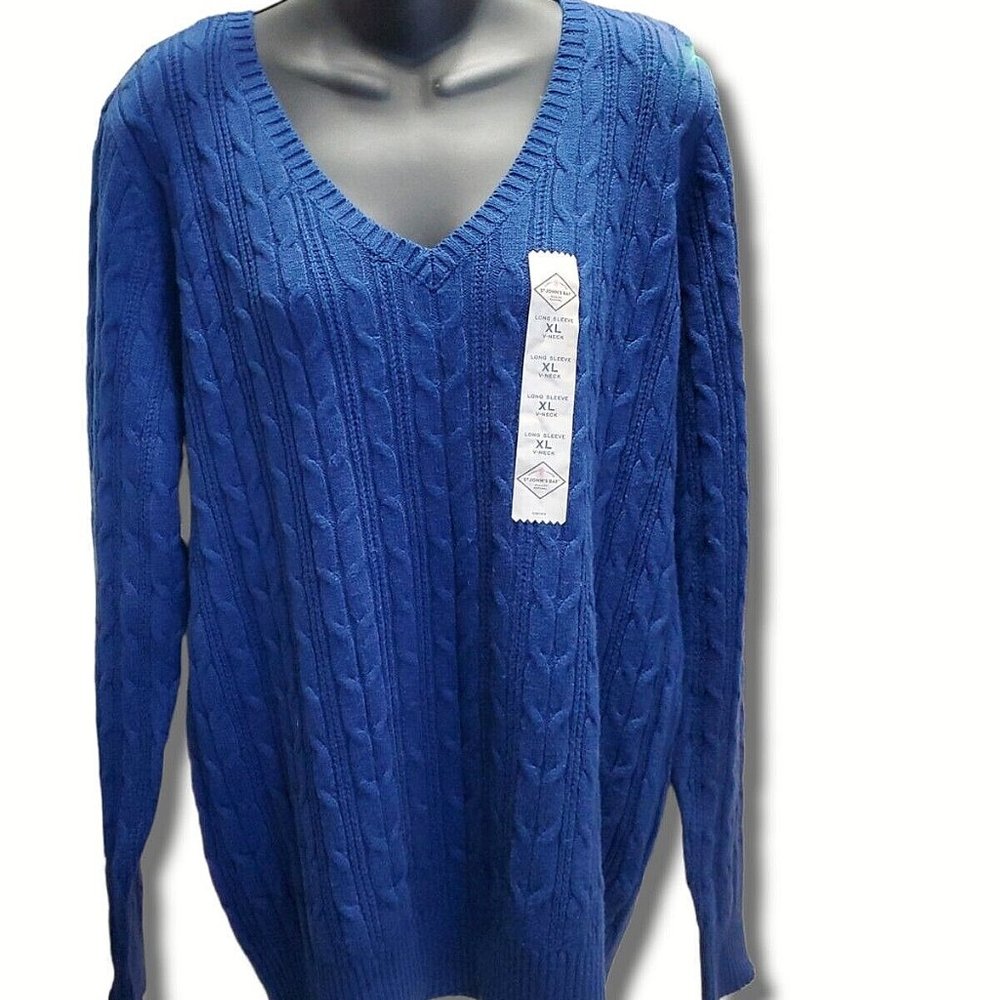 St. John's Bay Womens V Neck Long Sleeve Pullover Sweater Southern Blue XL